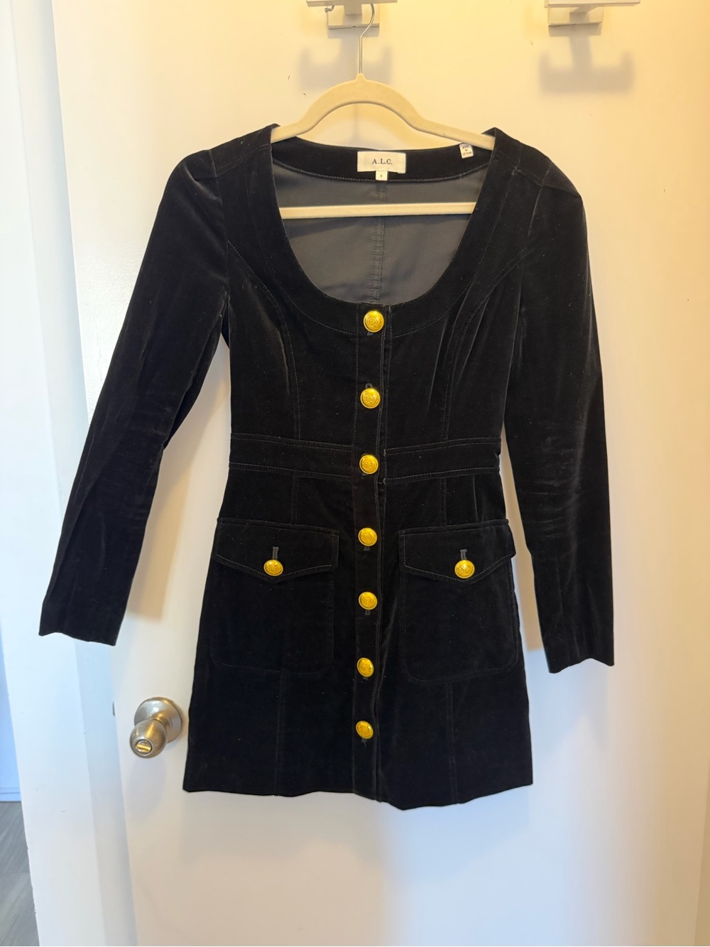 A.L.C. Black Velvet Mini Dress with Gold Buttons